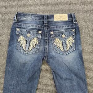 Miss Me Jeans Womens 25x30 Blue Low Rise Boot Feather Flap Thick Stitch
